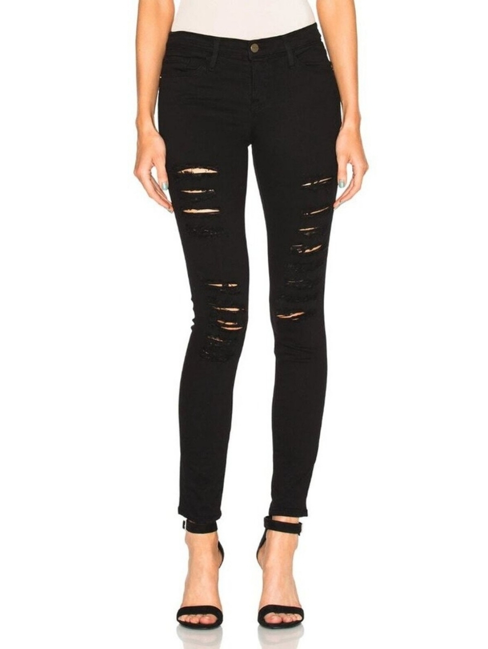 Frame Le Skinny de Jeanne Black Distressed Skinny Jeans size 27